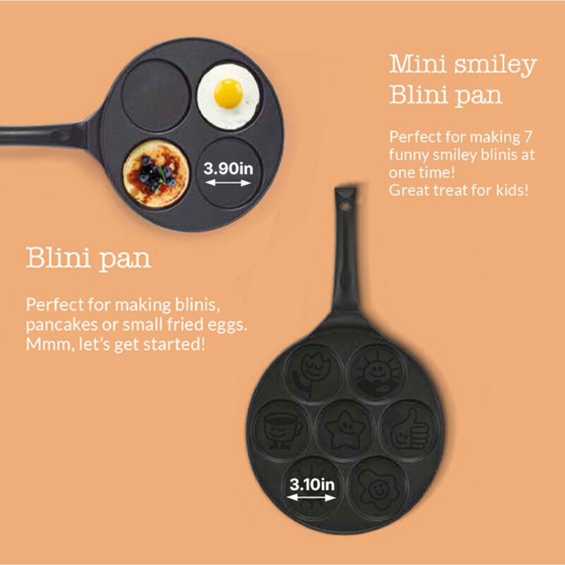 Kitchenfun Blini Nonstick Mini Pancake Maker - Cast Aluminum Non Toxic Crepe Maker, PFAS Free, Non Stick Frying Pans, Cooking Pan Set for 7 Smiley Small Pancakes, Nonstick Pan, Egg Pan, and Flapjacks