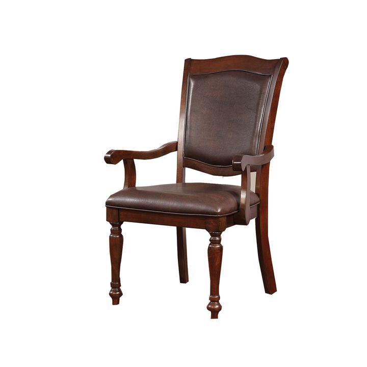 Wooden Arm Chair With Leather Upholstery, Cherry Brown, Set Of 2-Benzara