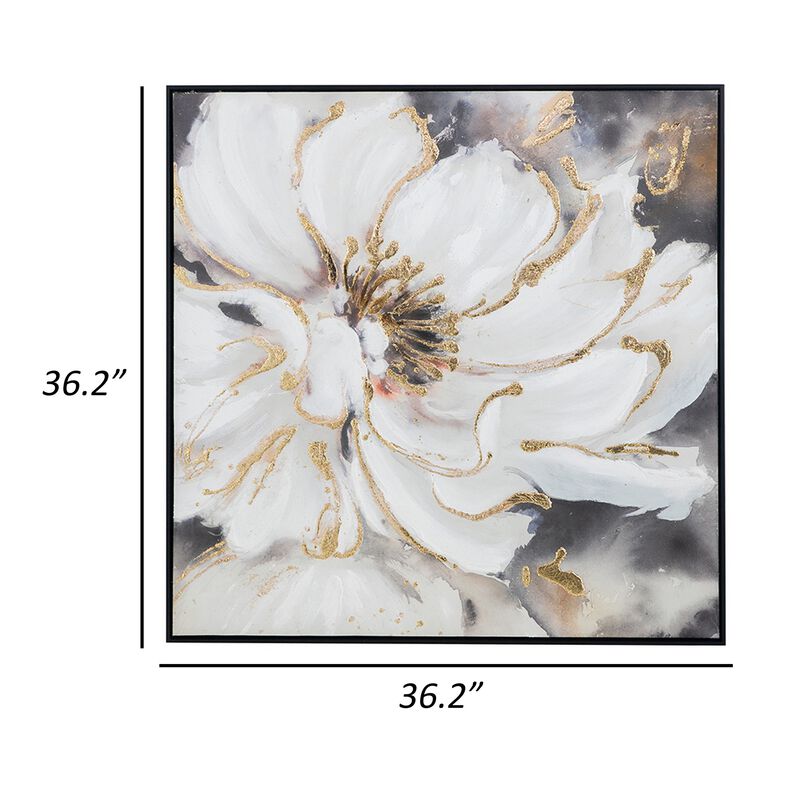 36 x 36 Inch Framed Wall Art, Floral Oil Painting On Canvas, White Gold - Benzara