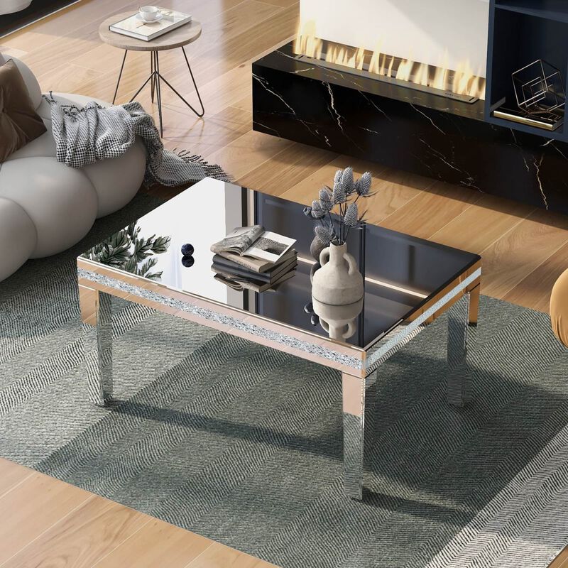 Modern Glass Mirrored Coffee Table with Crystal Design & Height-Adjustable Legs
