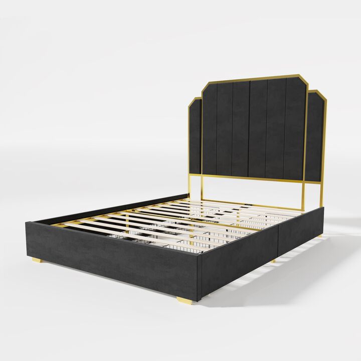 MONDAWE Queen Size Modern Platform Bed Frame and 59.06" Headboard, Upholstered Bed with Golden Plating Trim