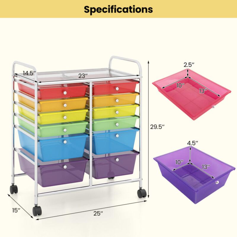 Hivvago 12-Drawer Rolling Storage Cart with Removable Drawers and Lockable Wheels