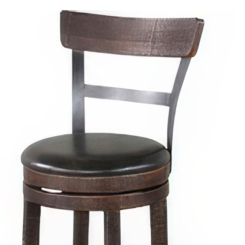 Flint Swivel Counter Stool Chair Set of 2, Black Faux Leather, Brown - Benzara