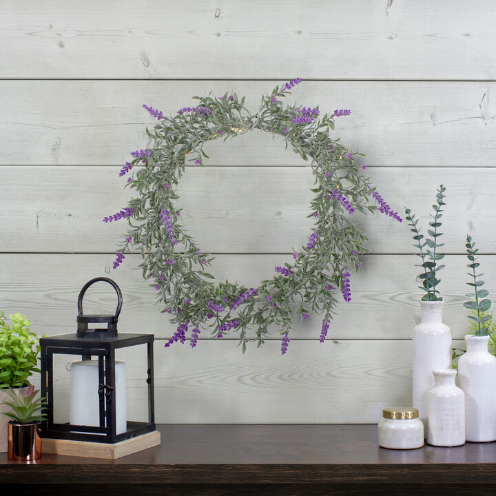 Pre-Lit Battery Operated Pink Lavender Spring Wreath- 16" - White LED Lights