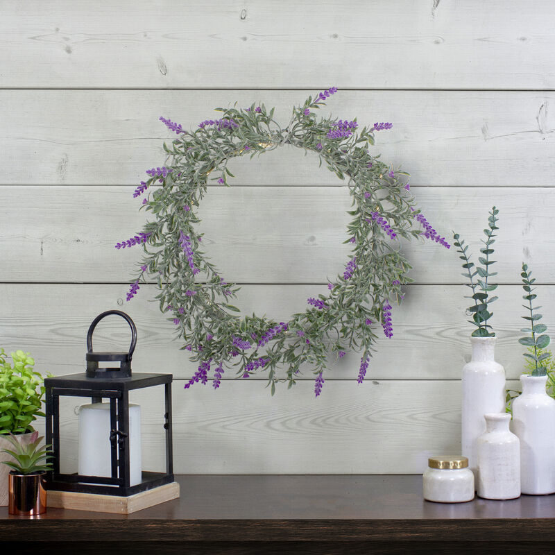 Pre-Lit Battery Operated Pink Lavender Spring Wreath- 16" - White LED Lights