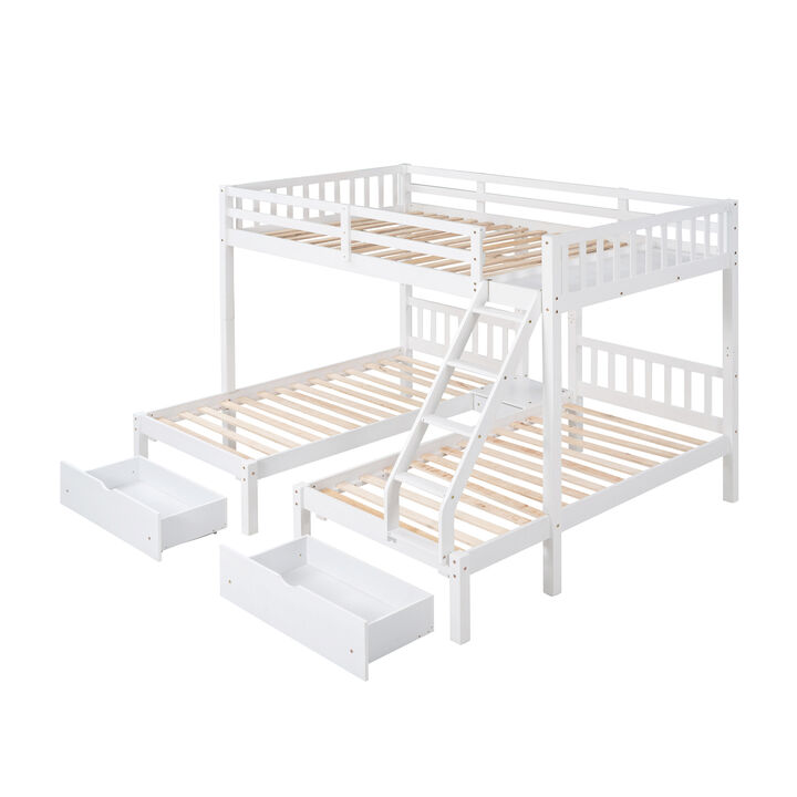 Full Over Twin & Twin Bunk Bed, Wood Triple Bunk Bed With Drawers And Guardrails