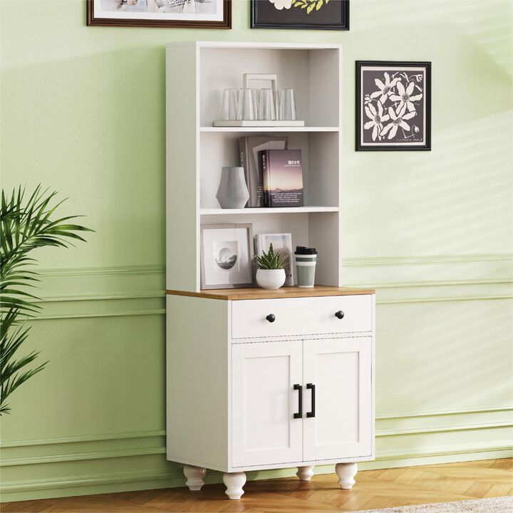 Clihome Farmhouse Storage Cabinet with 4 Solid Wood Gourd-Shaped Legs, Modern Kitchen Pantry Cabinet with Adjustable Shelves, 5 Tier Bookshelf with Drawer for Living Room, White