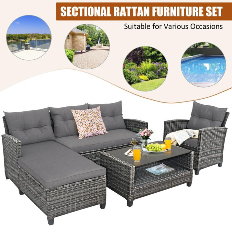 Hivvago 4 Pieces Patio Rattan Furniture Set with Cushion and Table Shelf