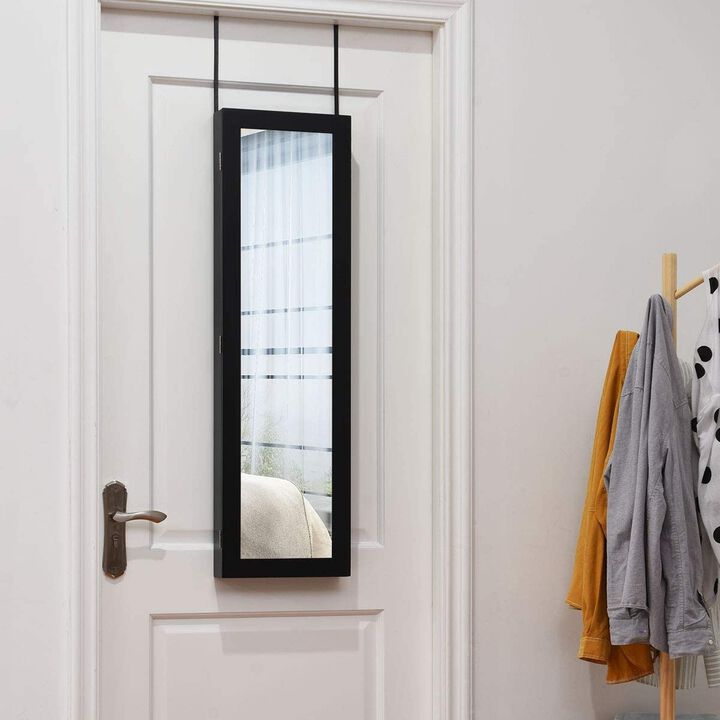 Full Length Mirror Jewelry Cabinet with Ring Slots and Necklace Hooks-Brown