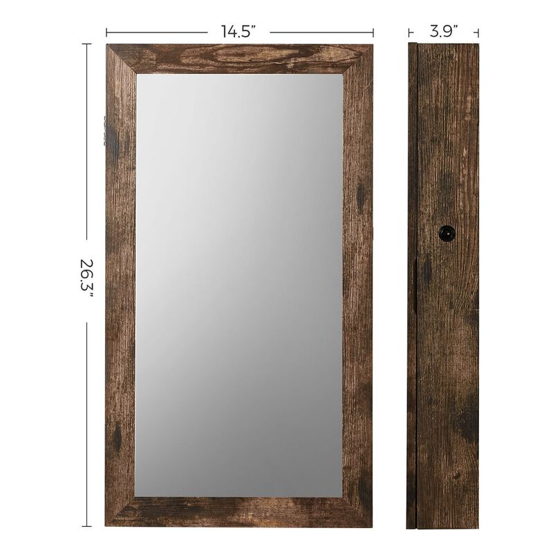 Space-Saving Wall-Mounted Jewelry Cabinet with Mirror and Lock - Rustic Brown Finish