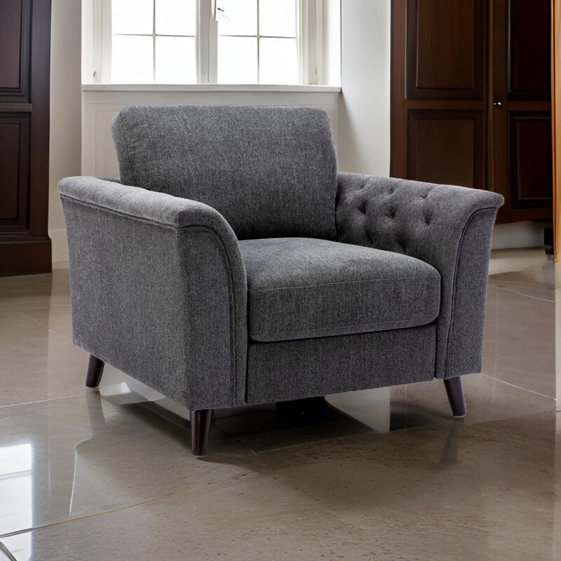 Sen 37 Inch Accent Sofa Chair, Tufted Arms, Padded, Gray Linen, Solid Wood - Benzara