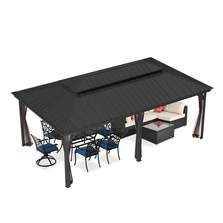 Mondawe 12 ft. x 20 ft. Outdoor Aluminum Frame Gazebo with Mosquito Netting Hardtop Canopy Shelter Iron Double Roof Pavilion
