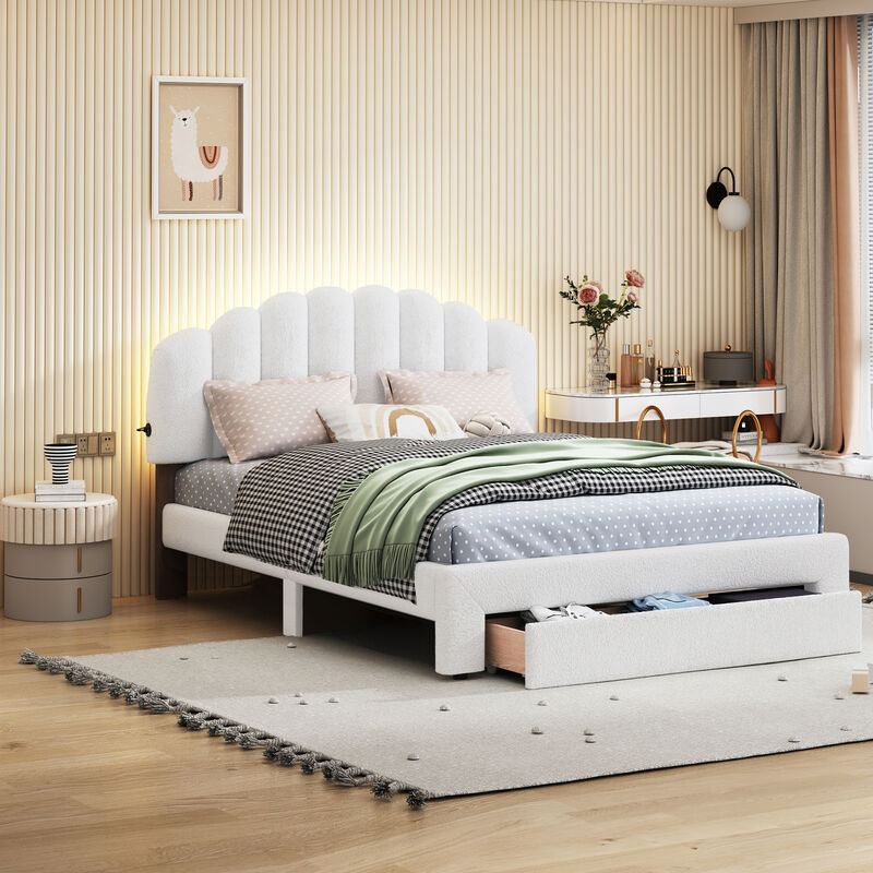 Merax Teddy Fleece  Platform Bed with Drawer