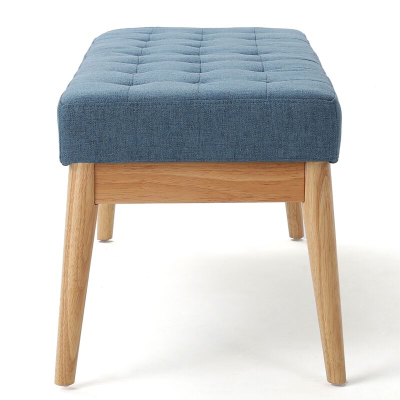 Gisa Ottoman Bench, Blue Fabric Tufted, Natural Brown Wood, 44 Inch -Benzara