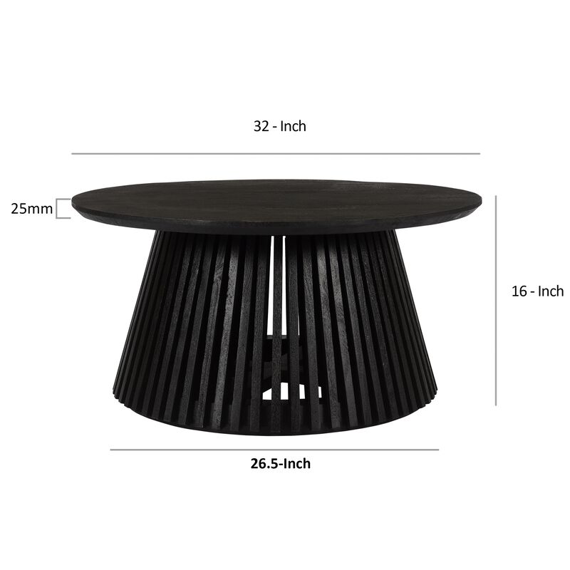Ridge 32 Inch Handcrafted Round Coffee Table, Mango Wood, Slatted Flared Base, Black-Benzara