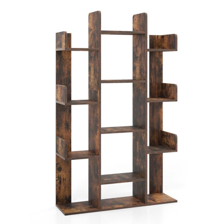 Hivvago Tree-Shaped Bookshelf with 13 Compartments for Home Office-Rustic Brown