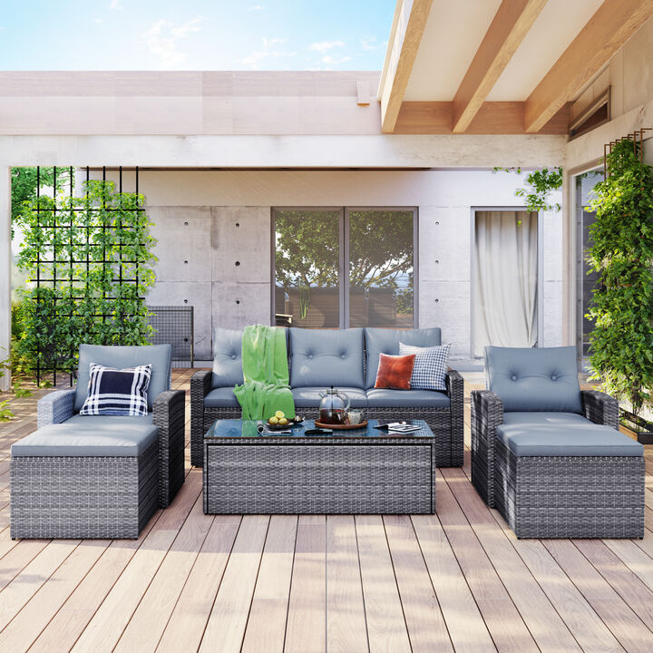 Whisen 6-Pieces All-Weather Wicker PE Rattan Patio Outdoor Dining Conversation Sectional Set with Coffee Table, Ottomans and Removable Cushions