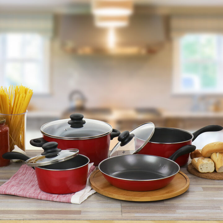 Gibson Home Armada 7 Piece Nonstick Carbon Steel Cookware Set in Red
