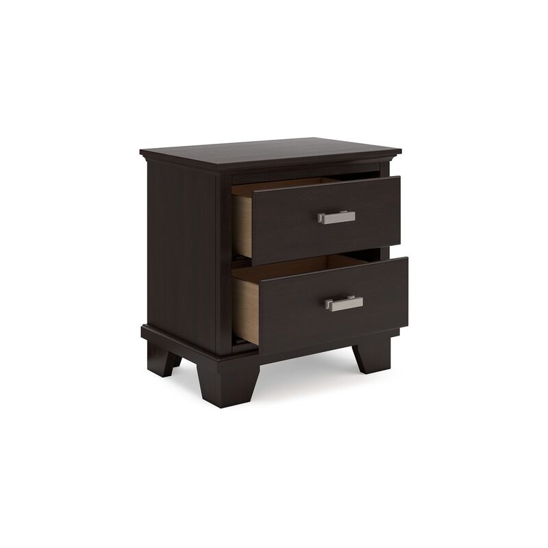 Teno Nightstand, 2 Drawers, Nickel Handles, Dark Brown Solid Hardwood - Benzara