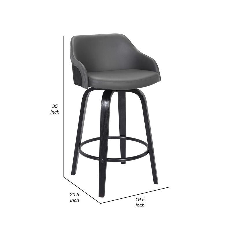 26 Inch Wooden and Leatherette Swivel Barstool, Black and Gray-Benzara