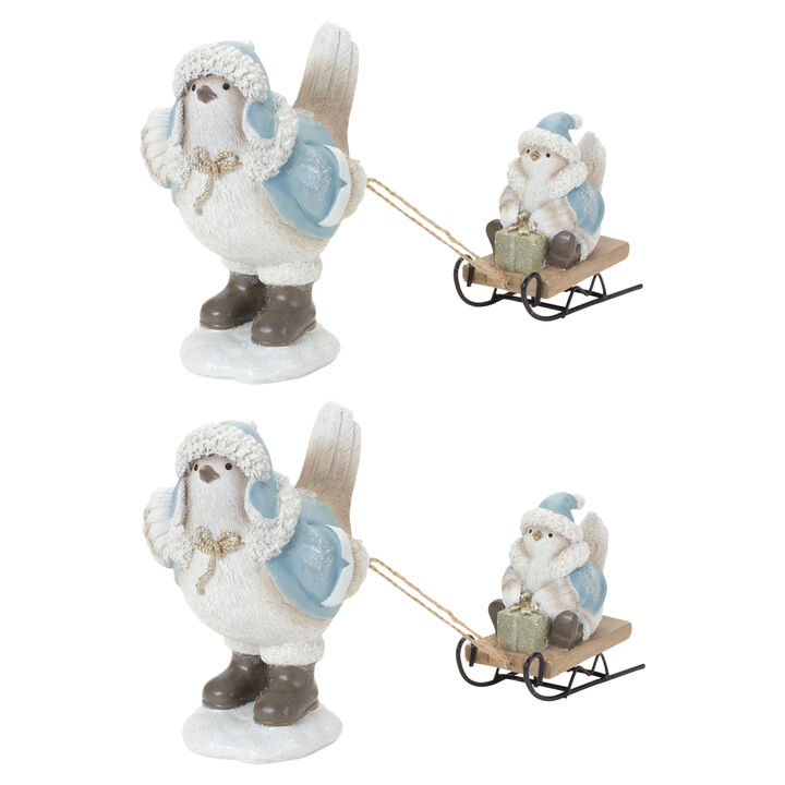 Bird with Sled Decorative Figurine for Holiday or Winter Garden Decor (Set of 2)