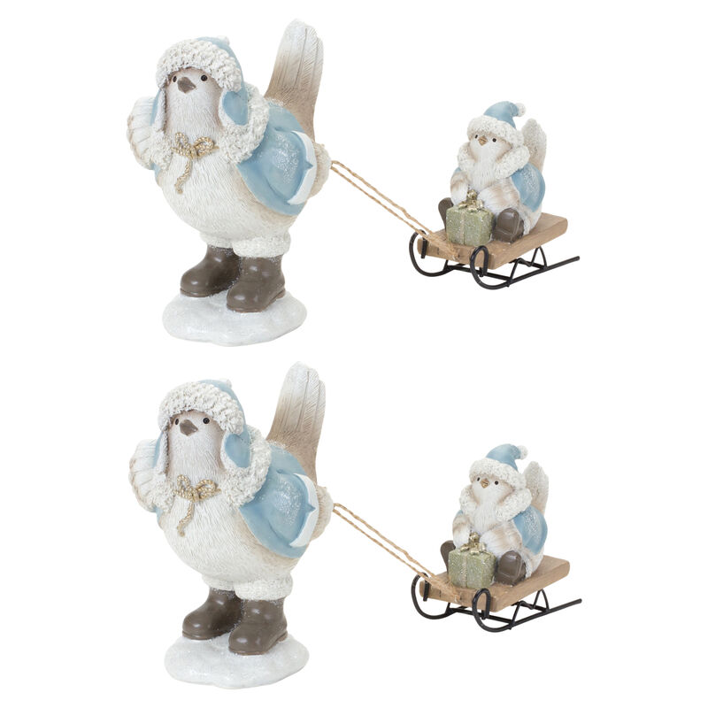 Bird with Sled Decorative Figurine for Holiday or Winter Garden Decor (Set of 2)