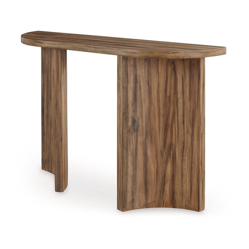 Anny Sofa Console Table, Curved Plinth Base, 52 Inch Brown Oak Wood - Benzara