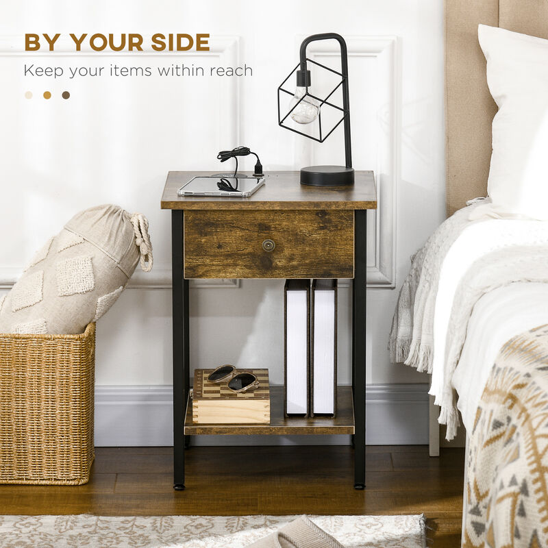 End Table with Wireless Charging Station, 2 USB Ports, Rustic Brown