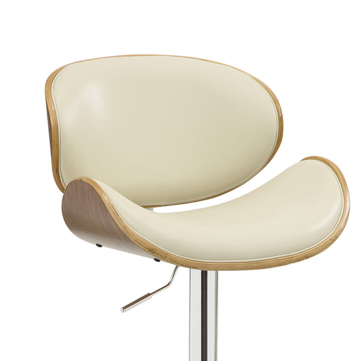 Mid Century Small Back Adjustable Bar Height Stool, Cream & Walnut - Benzara