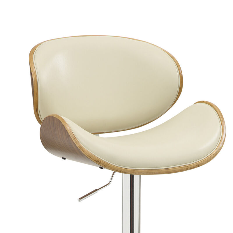 Mid Century Small Back Adjustable Bar Height Stool, Cream & Walnut - Benzara