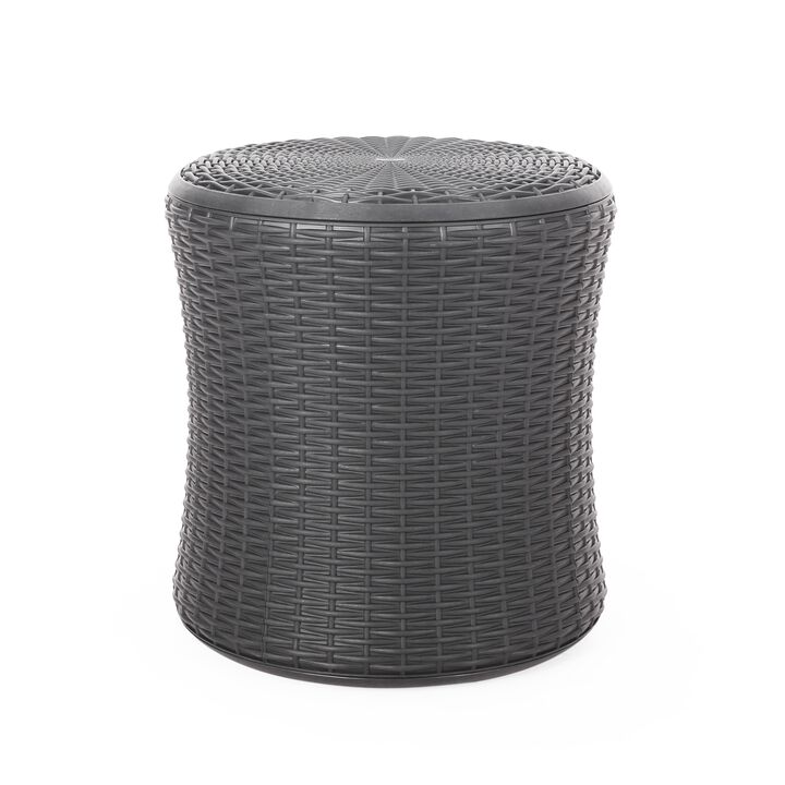 Lifo Outdoor End Table, Storage, 19 Inch, Gray Woven Polypropylene - Benzara