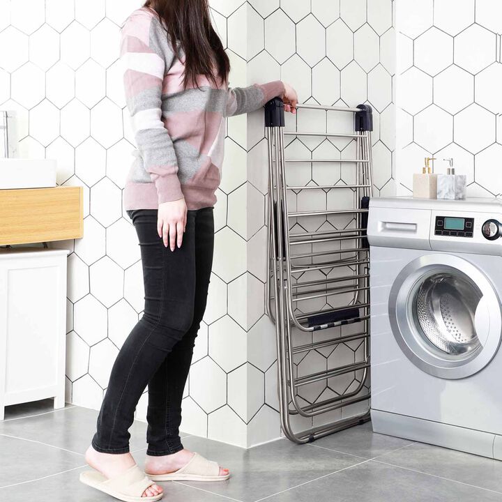2-Level Clothes Drying Rack, Stainless Steel Laundry Rack with Height-Adjustable Wings
