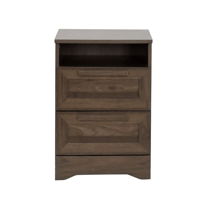 Vinie Nightstand, 2 Drawers and Open Top, 23 Inch Dark Brown Faux Wood - Benzara
