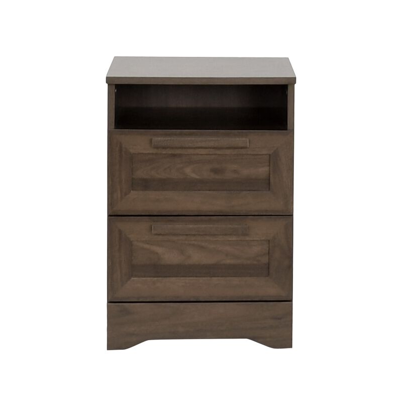 Vinie Nightstand, 2 Drawers and Open Top, 23 Inch Dark Brown Faux Wood - Benzara