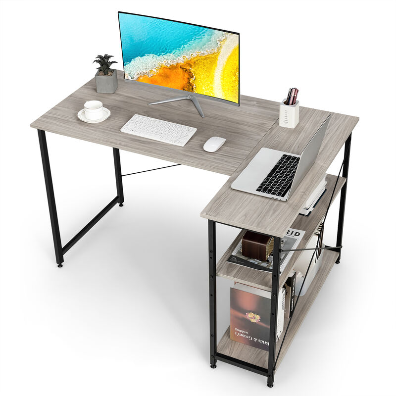 Costway 48'' Reversible L Shaped Computer Desk Home Office Table Adjustable Shelf Brown