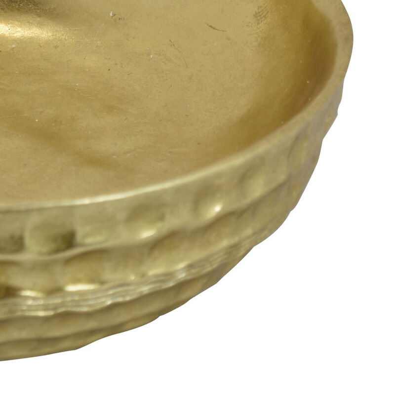 Round Tray with Hammered Accents, Vintage Details, 14 Inch Gold Resin - Benzara