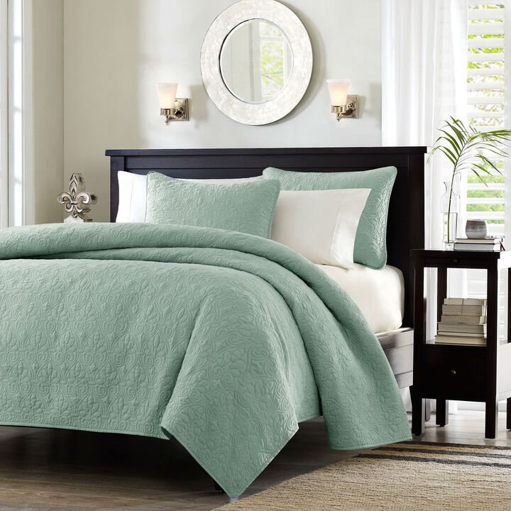 Hivvago King size Seafoam Green Blue Coverlet Set with Quilted Floral Pattern
