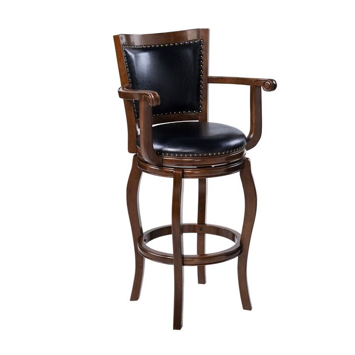 Hugo Swivel Barstool Chair, Black Faux Leather, 34 Inch Extra Tall - Benzara