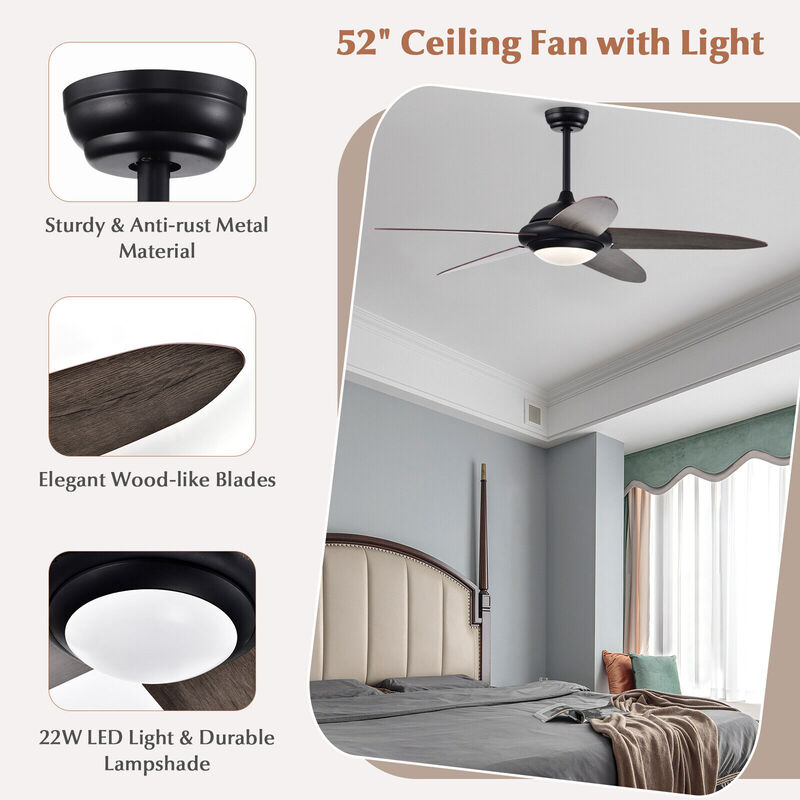 52 Inch Ceiling Fan with Lights and 3 Lighting Colors-Black