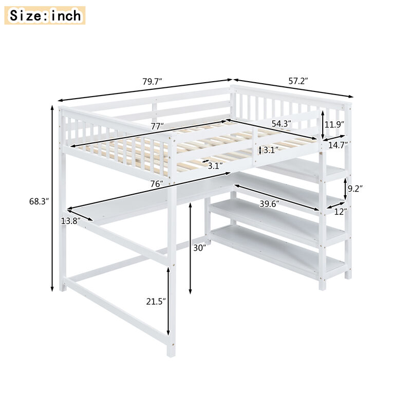 Full Size Loft Bed With Storage Shelves And Under-Bed Desk