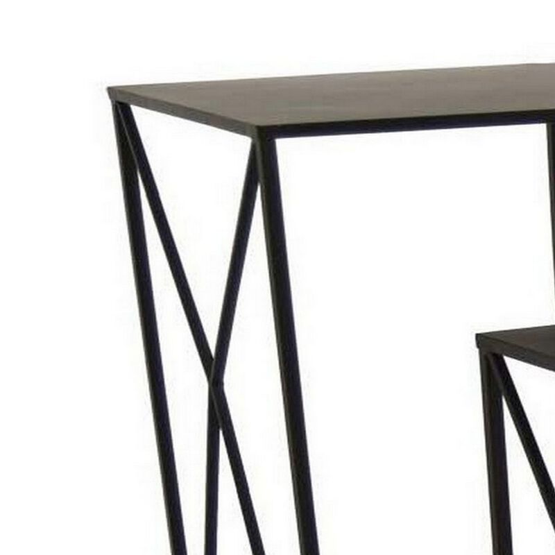 Hyan Modern Plant Stand Side Table Set of 3, Crossed Black Metal Frame - Benzara
