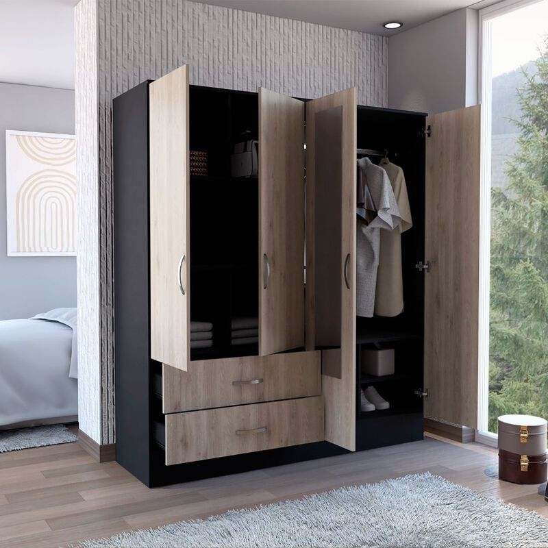DEPOT E-SHOP Gangi 160 Armoire, Double Door Cabinet , Two Mirrors, Metal Hardware, Two Drawers, Rod, Six Shelves, Black / Light Gray