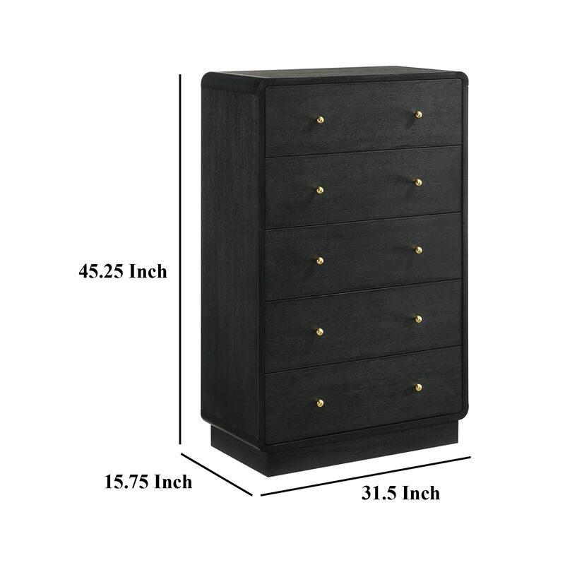 Cavy Tall Dresser Chest, 6 Drawers, Black Wood, Round Gold Knobs - Benzara