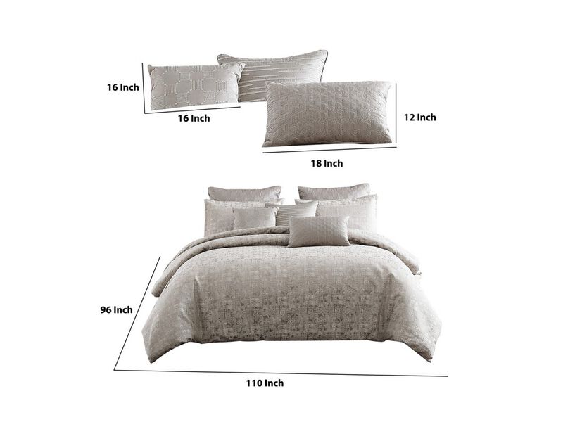 10 Piece King Polyester Comforter Set with Jacquard Print, Gray - Benzara