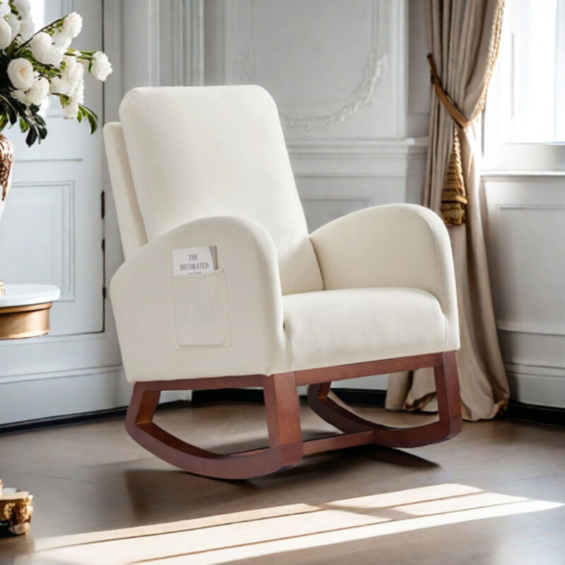 High Back Flannelette Rocking Chair with Side Pocket for Indoor Use