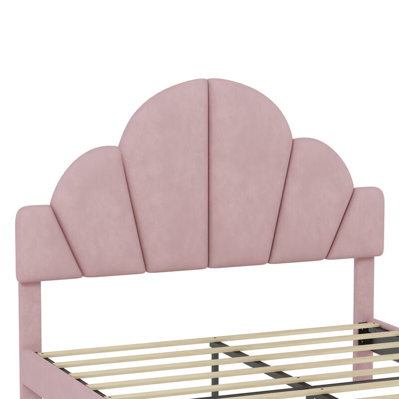 Merax Modern Velvet Platform Bed with Petal Shape Headboard