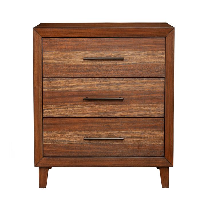 Paul 35 Inch Small Dresser Chest, 3 Drawers, Metal Bar Handles, Warm Brown-Benzara