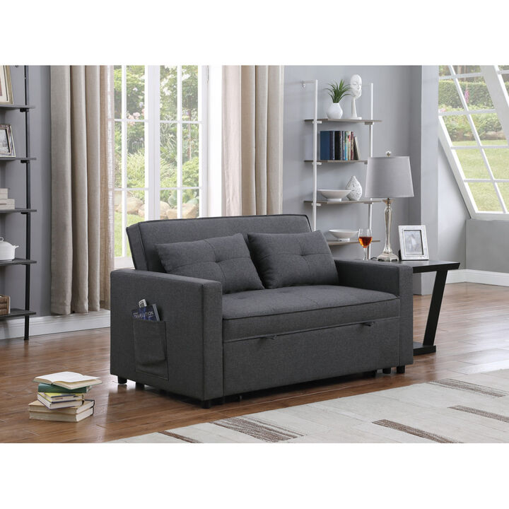 Zoey Dark Gray Linen Convertible Sleeper Loveseat With Side Pocket