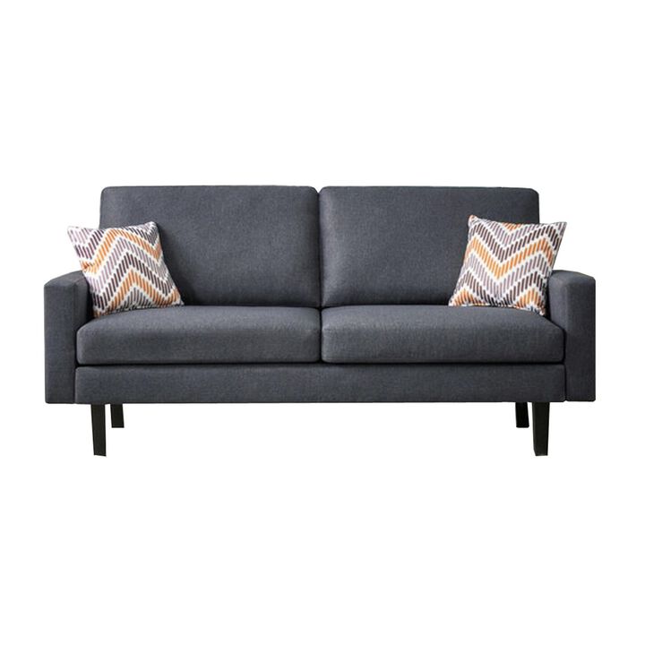 Gala 3 Piece Sofa and Chairs Set, Gray Fabric, 2 Pillows, Black Wood Frame-Benzara