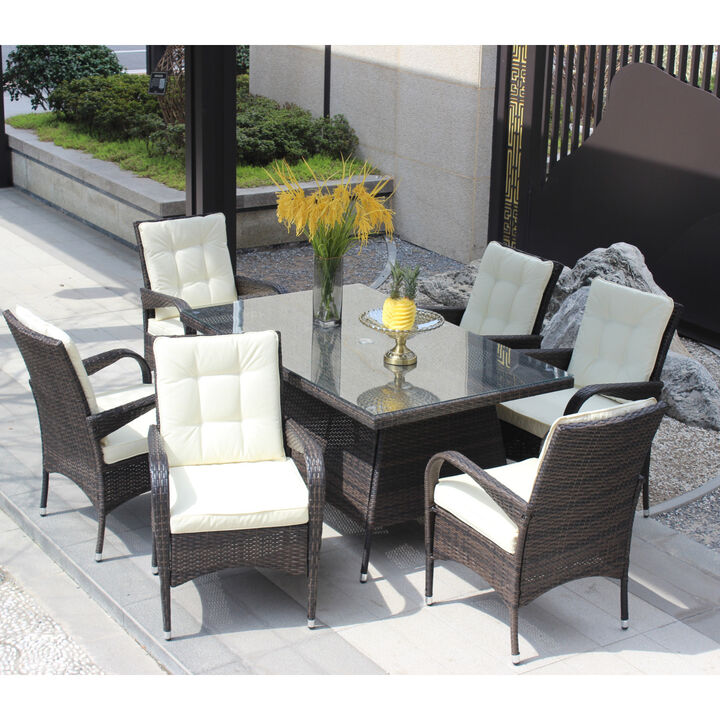 Patio 7-Piece Rectangular Dining Set With 6 Dining Chairs (Brown & Cushion)